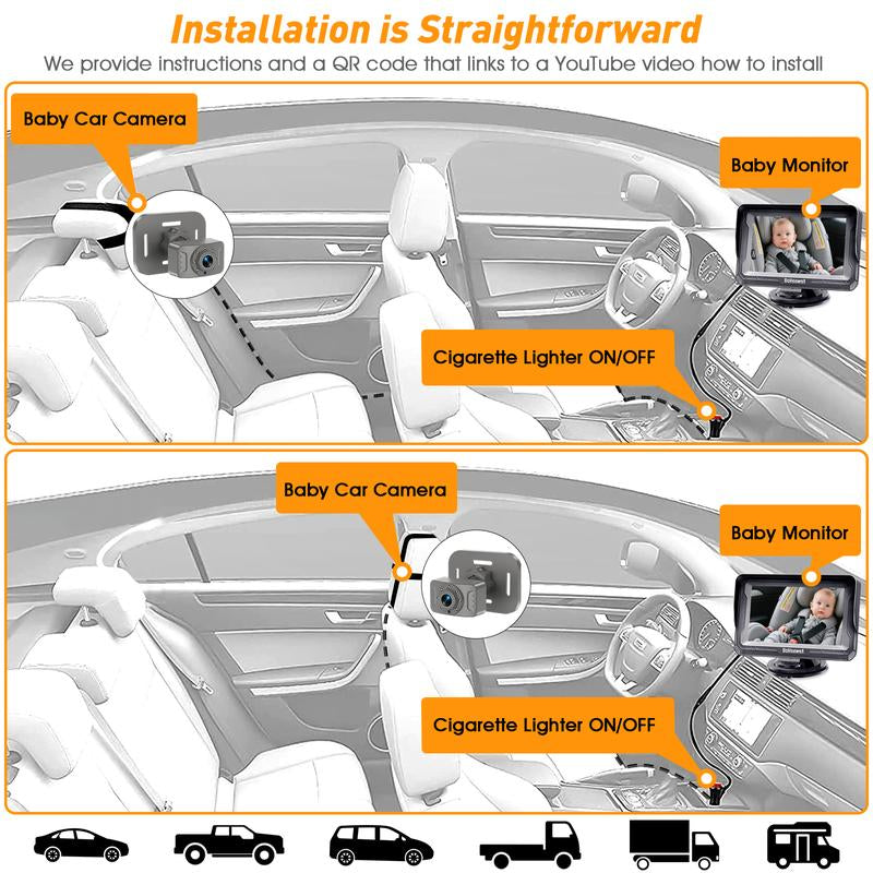 Dohonest Baby Car Camera HD 1080P: Rear-Facing Infant Safety Monitor with Night Vision, 360° Adjustable, Anti-Glare 4.3” Display, Wide-Angle View, Easy Install for Secure & Stress-Free Driving - Grey