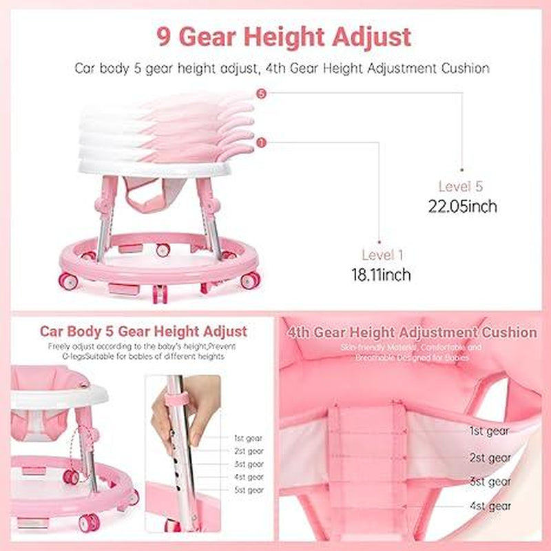 Foldable Baby Walker with 9 Adjustable Heights!Mute Wheels & Footrest, Perfect Activity Center for Boys & Girls Aged 7-18 Months, Portable & Space-Saving! ! Floorwalker