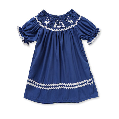 Toddler Infant Girl Christmas Santa Embroidery Short Sleeve Princess Party Dress Smocked Baby Girl Clothes