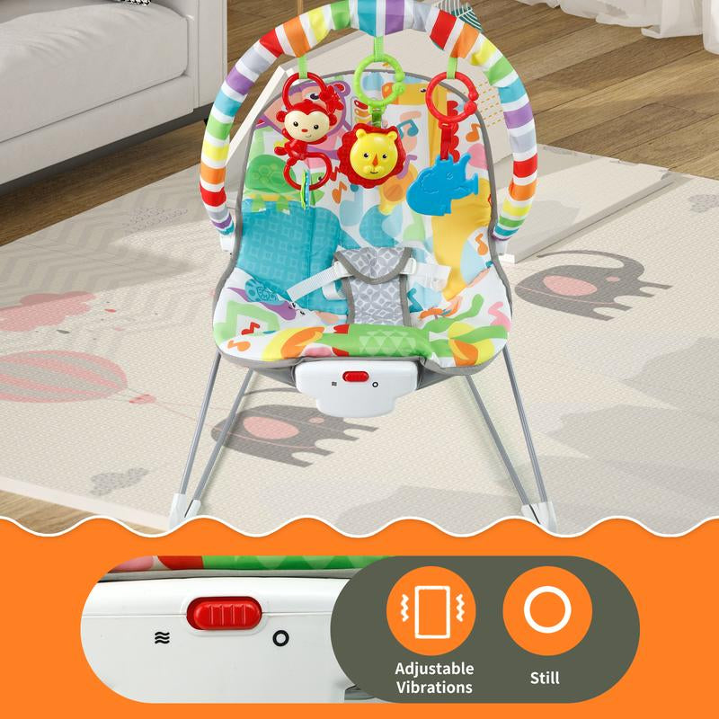 Baby Bouncer Soothing Vibrations Infant Seat - Removable Toy Bar, Nonslip Feet, 0-6 Months, Multi-Position Recline, Soft Padded Seat, Colorful Animal Patterns