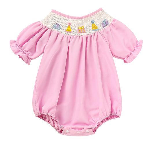 Infant Girls' Cute Birthday Smocked Bubble Romper Short Sleeves Crew Neck Cartoon Embroidery Princess Party Romper Bodysuit