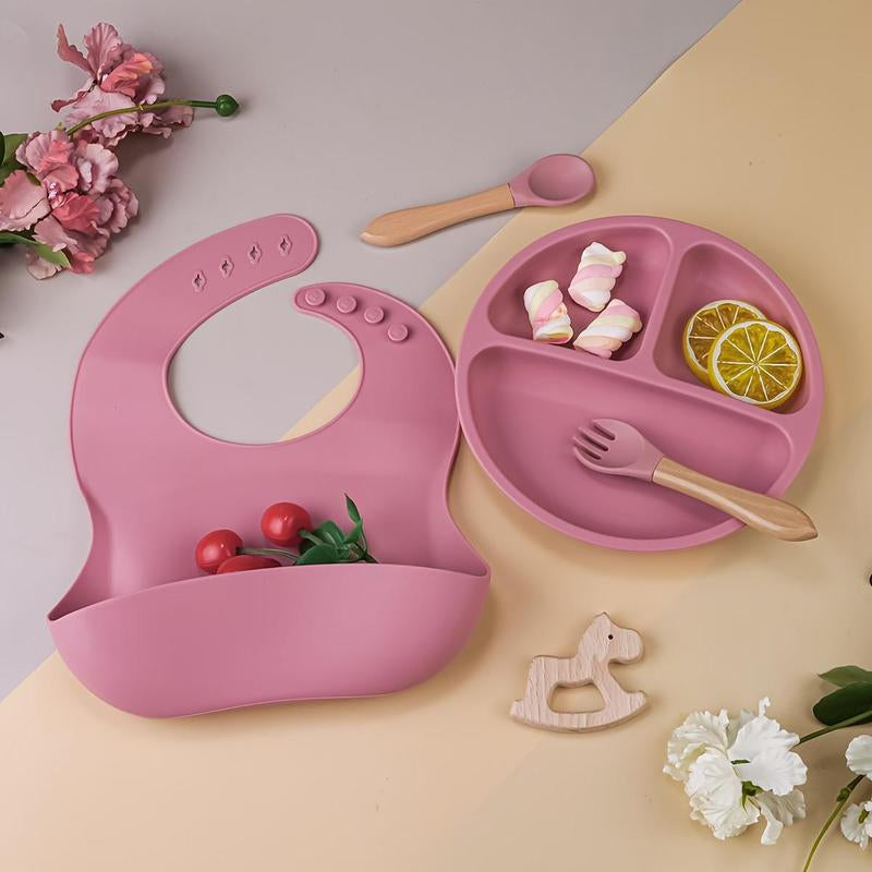 Baby Silicone Feeding Set, 5 Counts/Set Including Bib, Bowl, Plate, Spoon & Fork, Baby Dinnerware Set, Baby Tableware Set, Mold Bowl