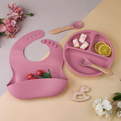Baby Silicone Feeding Set, 5 Counts/Set Including Bib, Bowl, Plate, Spoon & Fork, Baby Dinnerware Set, Baby Tableware Set, Mold Bowl
